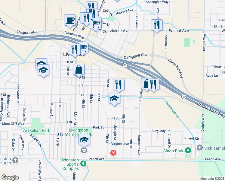 map of restaurants, bars, coffee shops, grocery stores, and more near 821 7th Street in Livingston