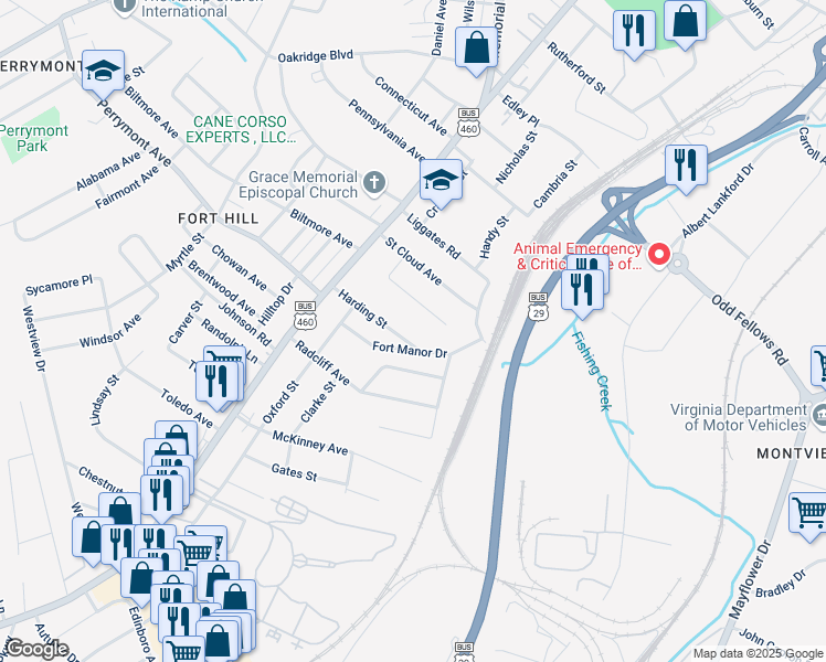 map of restaurants, bars, coffee shops, grocery stores, and more near 1322 Harding Street in Lynchburg