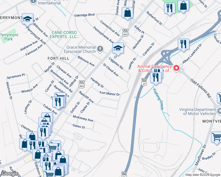 map of restaurants, bars, coffee shops, grocery stores, and more near 1322 Harding Street in Lynchburg
