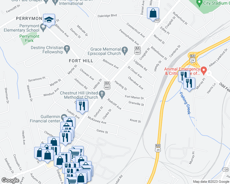 map of restaurants, bars, coffee shops, grocery stores, and more near 1301 Fort Manor Drive in Lynchburg