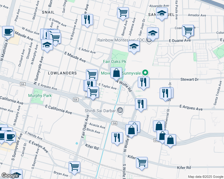 map of restaurants, bars, coffee shops, grocery stores, and more near 395 Charles Morris Terrace in Sunnyvale