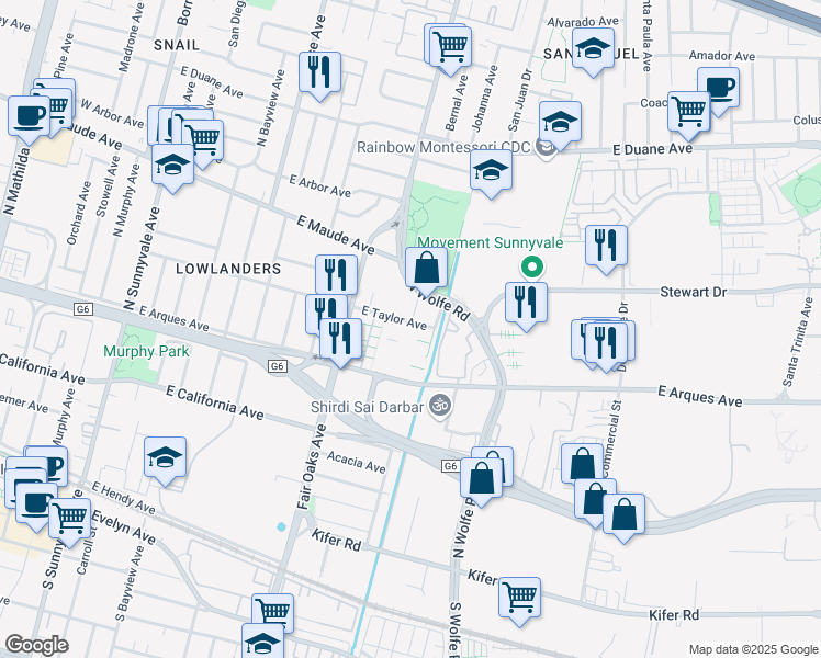 map of restaurants, bars, coffee shops, grocery stores, and more near 395 Charles Morris Terrace in Sunnyvale
