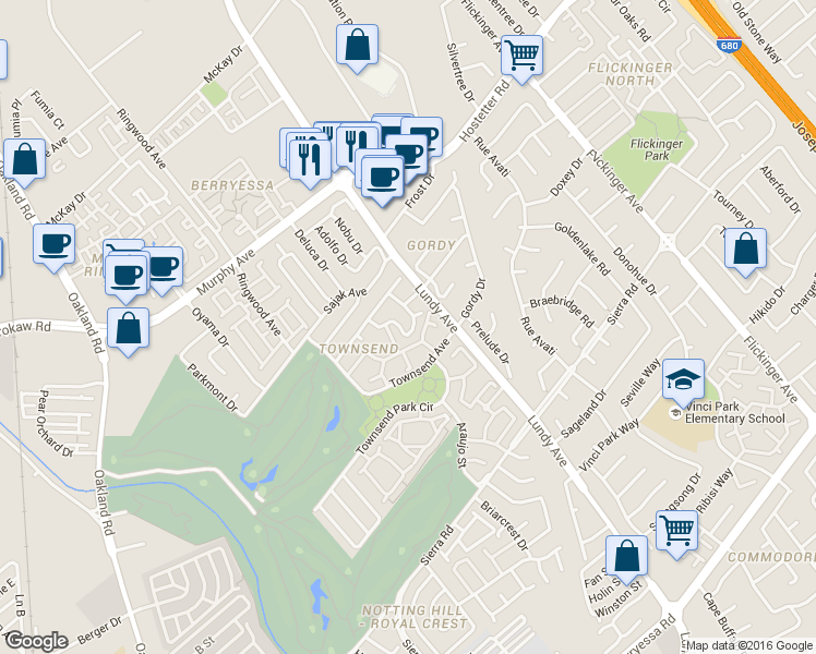 map of restaurants, bars, coffee shops, grocery stores, and more near 1468 Leaftree Circle in San Jose