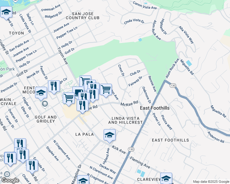 map of restaurants, bars, coffee shops, grocery stores, and more near 310 Crest Drive in San Jose