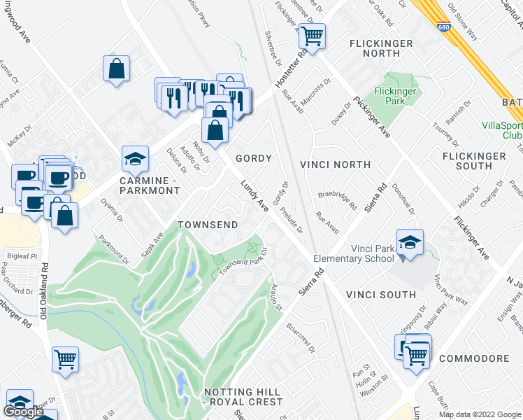 map of restaurants, bars, coffee shops, grocery stores, and more near 1416 Foothill Meadows Court in San Jose