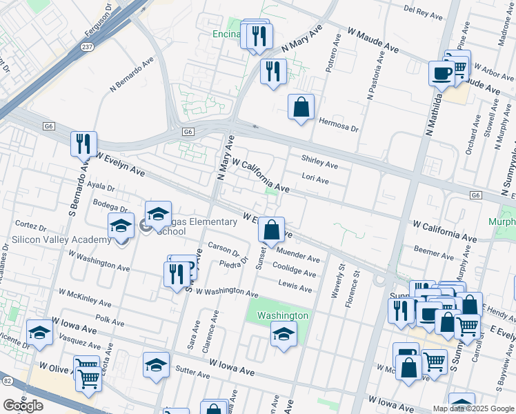 map of restaurants, bars, coffee shops, grocery stores, and more near 973 Asilomar Terrace in Sunnyvale