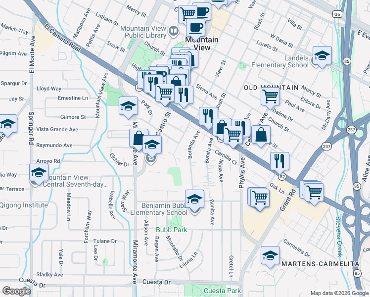 map of restaurants, bars, coffee shops, grocery stores, and more near 991 Boranda Avenue in Mountain View