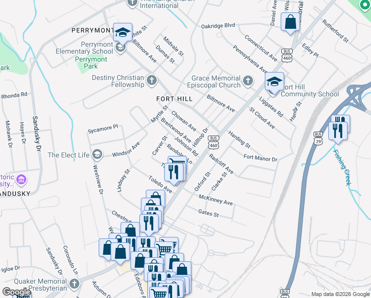 map of restaurants, bars, coffee shops, grocery stores, and more near 921 Johnson Road in Lynchburg