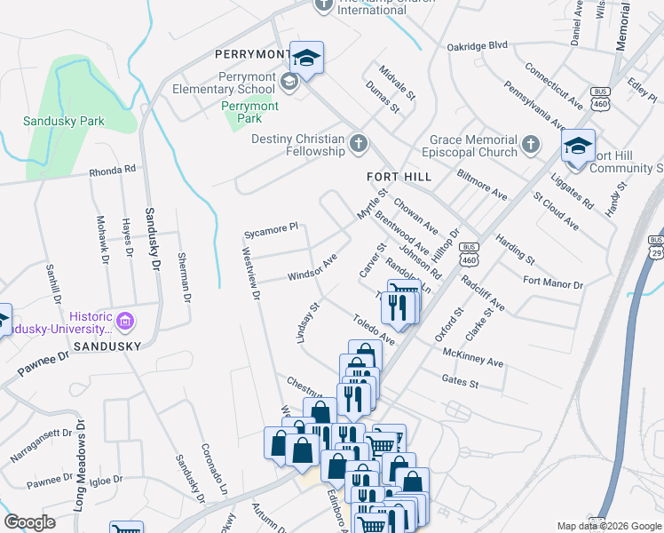 map of restaurants, bars, coffee shops, grocery stores, and more near 4817 Windsor Avenue in Lynchburg