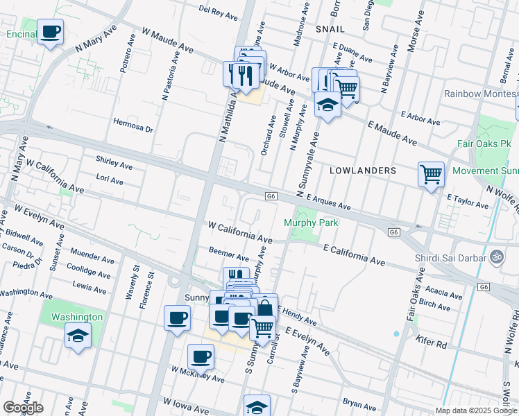 map of restaurants, bars, coffee shops, grocery stores, and more near 201 West California Avenue in Sunnyvale