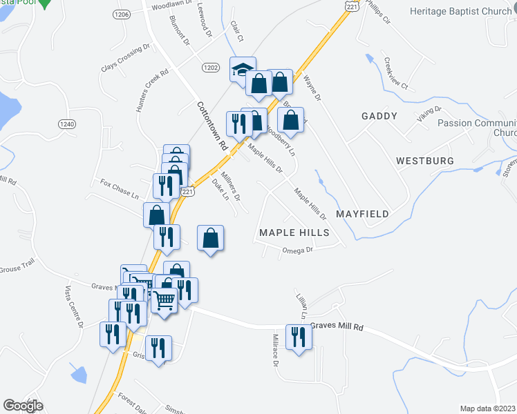 map of restaurants, bars, coffee shops, grocery stores, and more near 306 Woodberry Lane in Lynchburg