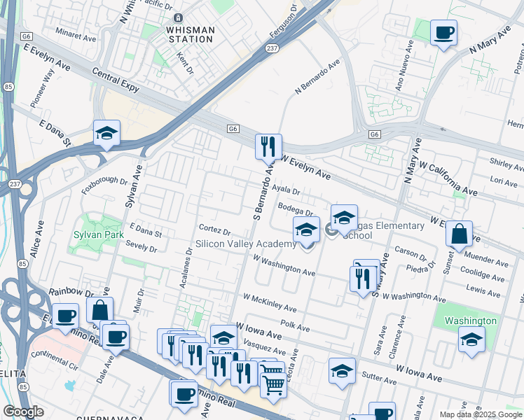 map of restaurants, bars, coffee shops, grocery stores, and more near 162 South Bernardo Avenue in Sunnyvale