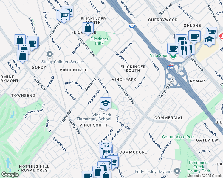 map of restaurants, bars, coffee shops, grocery stores, and more near 1273 Ballard Court in San Jose