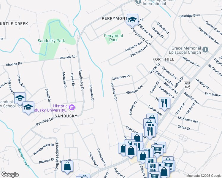 map of restaurants, bars, coffee shops, grocery stores, and more near 603 Westview Drive in Lynchburg
