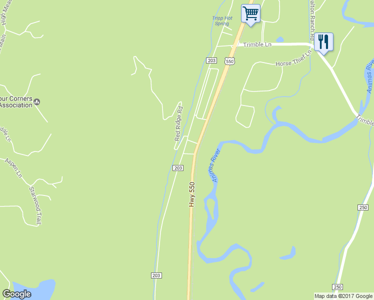 map of restaurants, bars, coffee shops, grocery stores, and more near 5802 County Road 203 in Durango