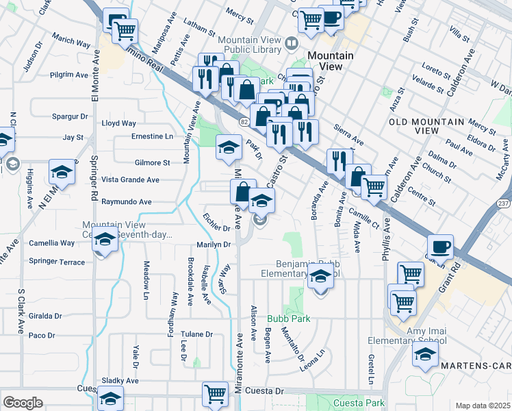 map of restaurants, bars, coffee shops, grocery stores, and more near 1140 Castro Street in Mountain View