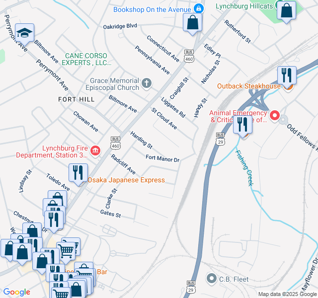 map of restaurants, bars, coffee shops, grocery stores, and more near 1318 Harding Street in Lynchburg