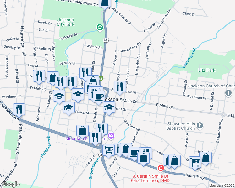 map of restaurants, bars, coffee shops, grocery stores, and more near 110 North Ohio Street in Jackson
