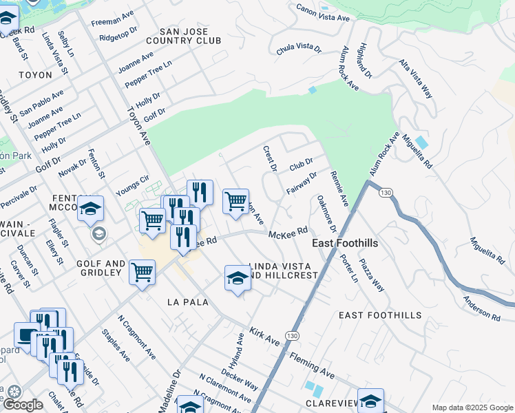 map of restaurants, bars, coffee shops, grocery stores, and more near 310 Crest Drive in San Jose
