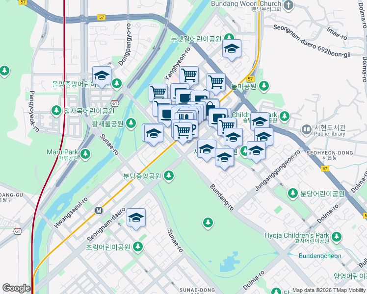 map of restaurants, bars, coffee shops, grocery stores, and more near in Seongnam-si