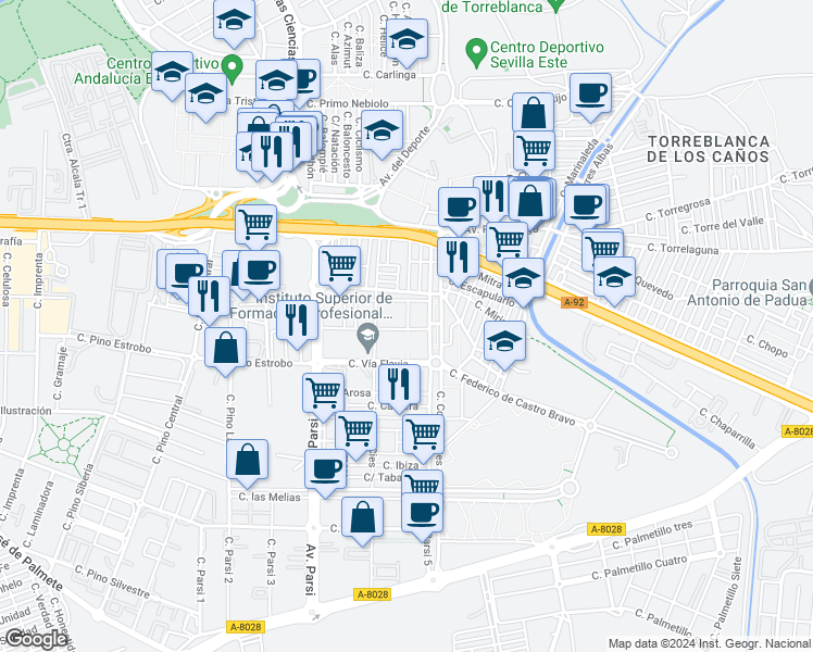 map of restaurants, bars, coffee shops, grocery stores, and more near 20 Calle Vía Latina in Sevilla