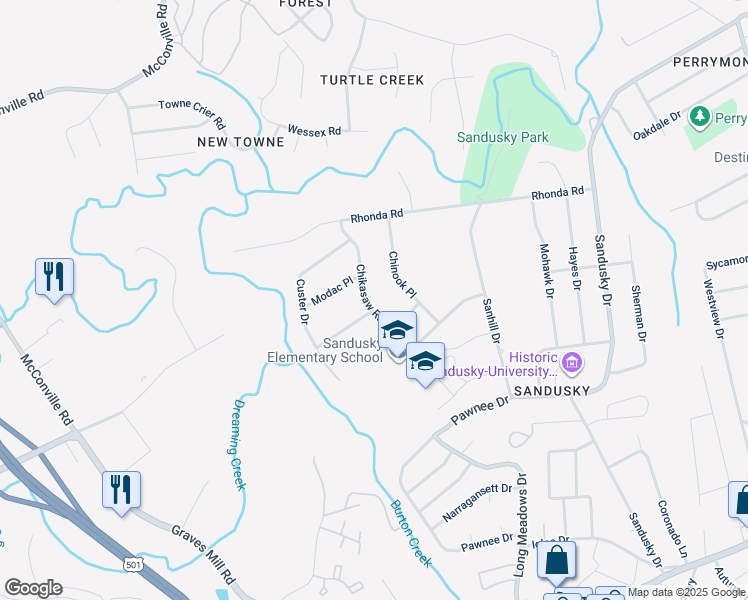 map of restaurants, bars, coffee shops, grocery stores, and more near 736 Chikasaw Road in Lynchburg
