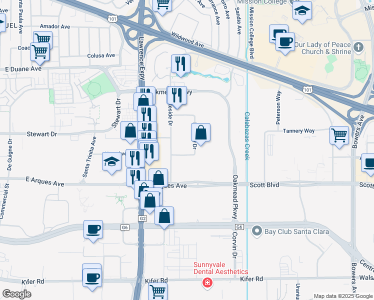 map of restaurants, bars, coffee shops, grocery stores, and more near 495 Mercury Drive in Sunnyvale