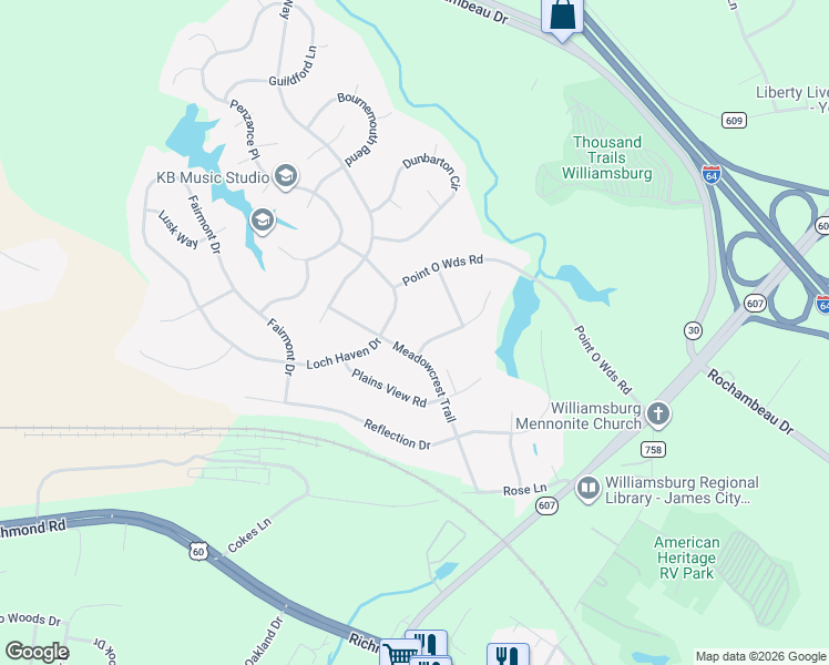 map of restaurants, bars, coffee shops, grocery stores, and more near 103 Lakepoint Court in Williamsburg