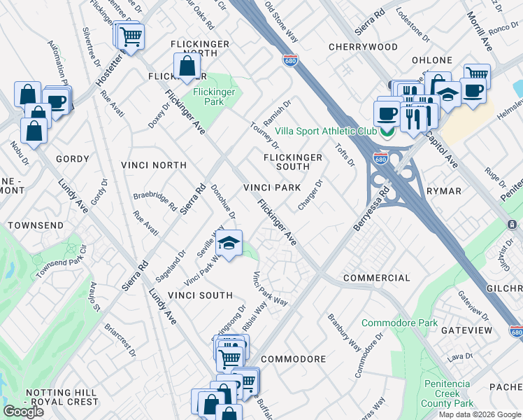 map of restaurants, bars, coffee shops, grocery stores, and more near 1263 Flickinger Avenue in San Jose