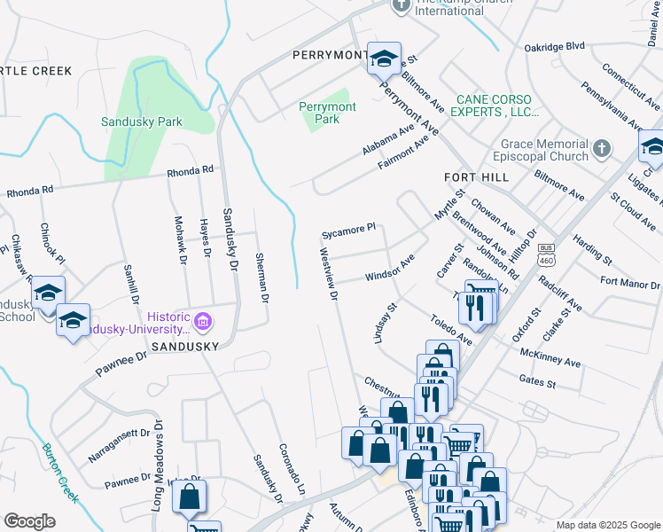 map of restaurants, bars, coffee shops, grocery stores, and more near 4928 Myrtle Street in Lynchburg