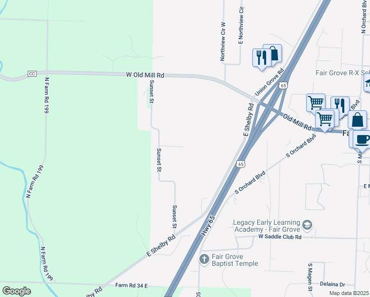 map of restaurants, bars, coffee shops, grocery stores, and more near 130 Sunset Street in Fair Grove