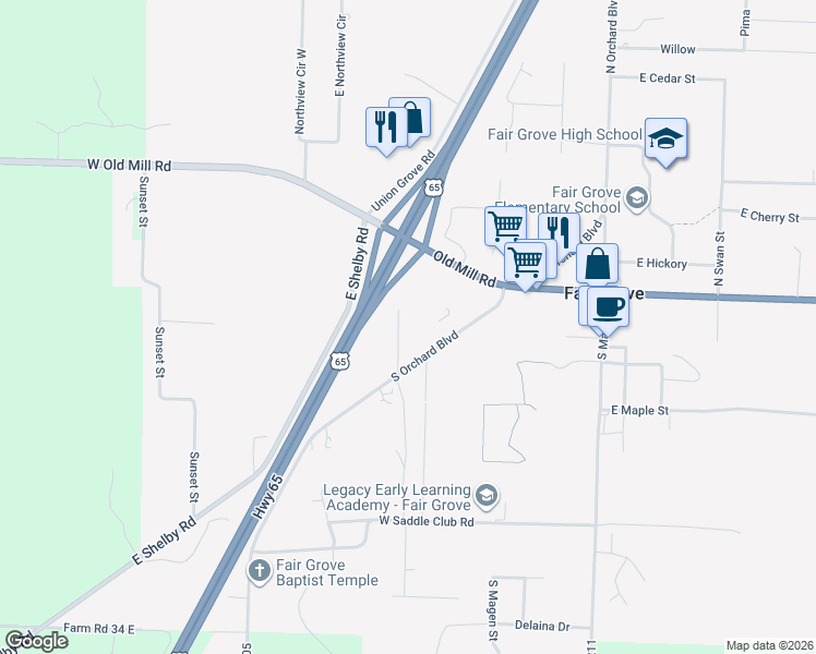 map of restaurants, bars, coffee shops, grocery stores, and more near 70 South Rock Ridge Street in Fair Grove