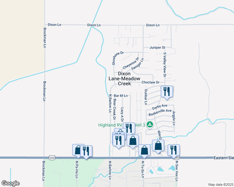 map of restaurants, bars, coffee shops, grocery stores, and more near 2551 Bar M Lane in Bishop