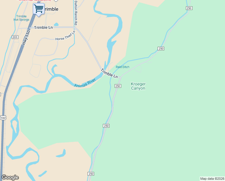 map of restaurants, bars, coffee shops, grocery stores, and more near 6459 County Road 250 in Durango