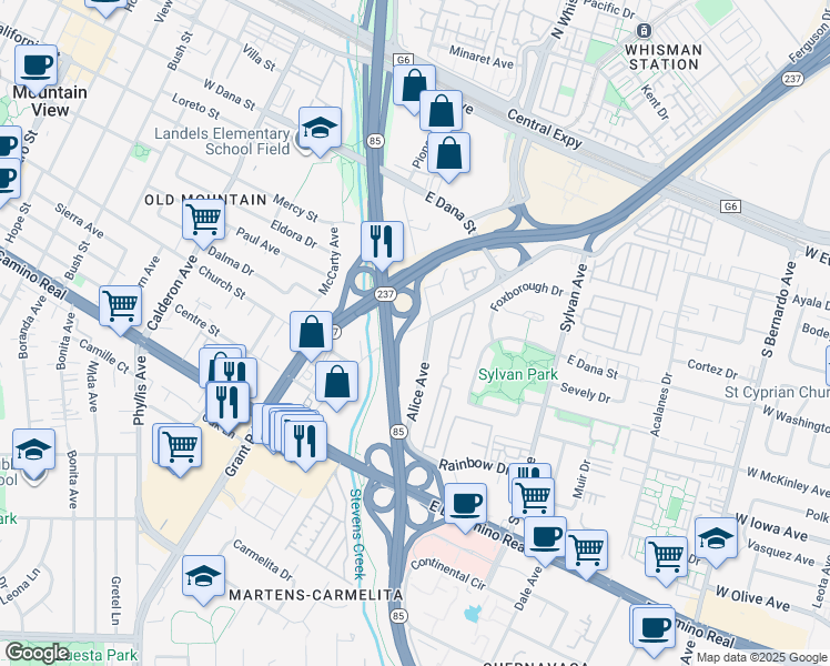 map of restaurants, bars, coffee shops, grocery stores, and more near 708 Alice Avenue in Mountain View