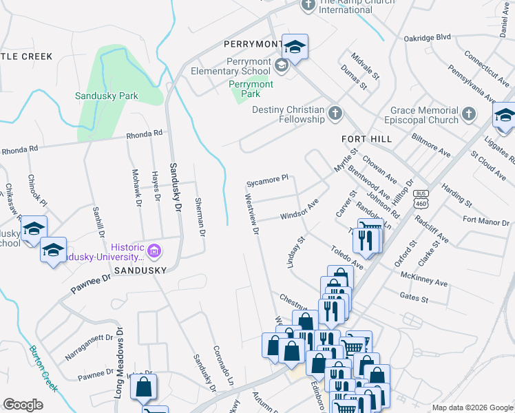 map of restaurants, bars, coffee shops, grocery stores, and more near 4922 Myrtle Street in Lynchburg