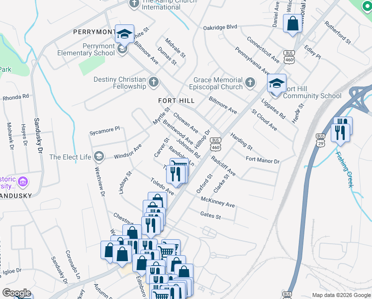 map of restaurants, bars, coffee shops, grocery stores, and more near 921 Johnson Road in Lynchburg