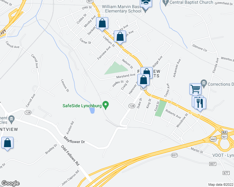 map of restaurants, bars, coffee shops, grocery stores, and more near 2207 Craig Street in Lynchburg