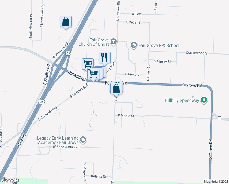 map of restaurants, bars, coffee shops, grocery stores, and more near 53 S Main St in Fair Grove