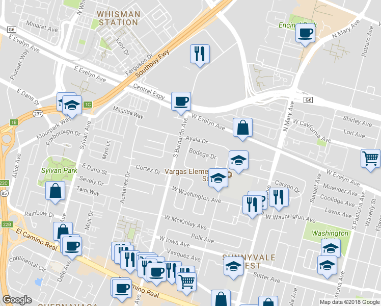map of restaurants, bars, coffee shops, grocery stores, and more near 154 Butano Avenue in Sunnyvale