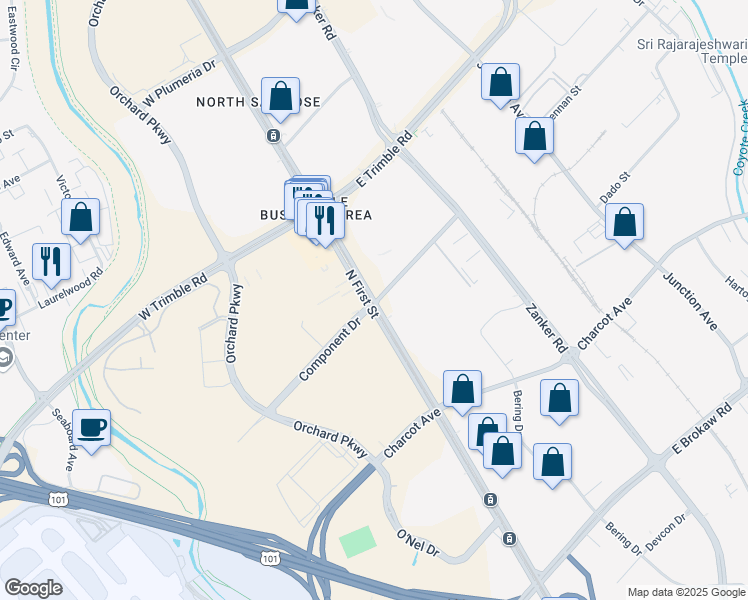 map of restaurants, bars, coffee shops, grocery stores, and more near 2540 North 1st Street in San Jose