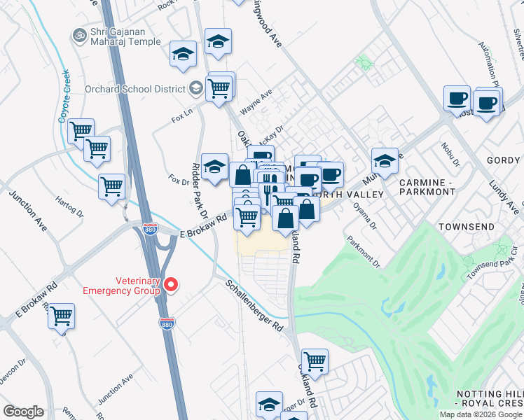map of restaurants, bars, coffee shops, grocery stores, and more near 1045 East Brokaw Road in San Jose