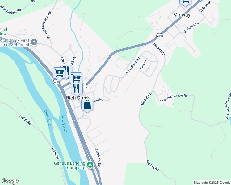 map of restaurants, bars, coffee shops, grocery stores, and more near 700 Mercer Road in Rich Creek