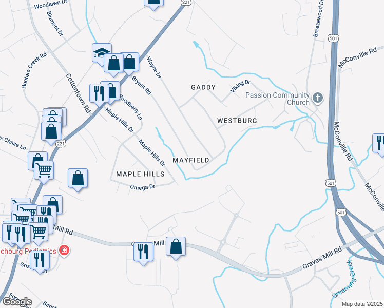 map of restaurants, bars, coffee shops, grocery stores, and more near 221 Bryant Rd in Lynchburg
