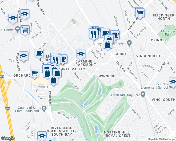 map of restaurants, bars, coffee shops, grocery stores, and more near 1539 Goody Lane in San Jose