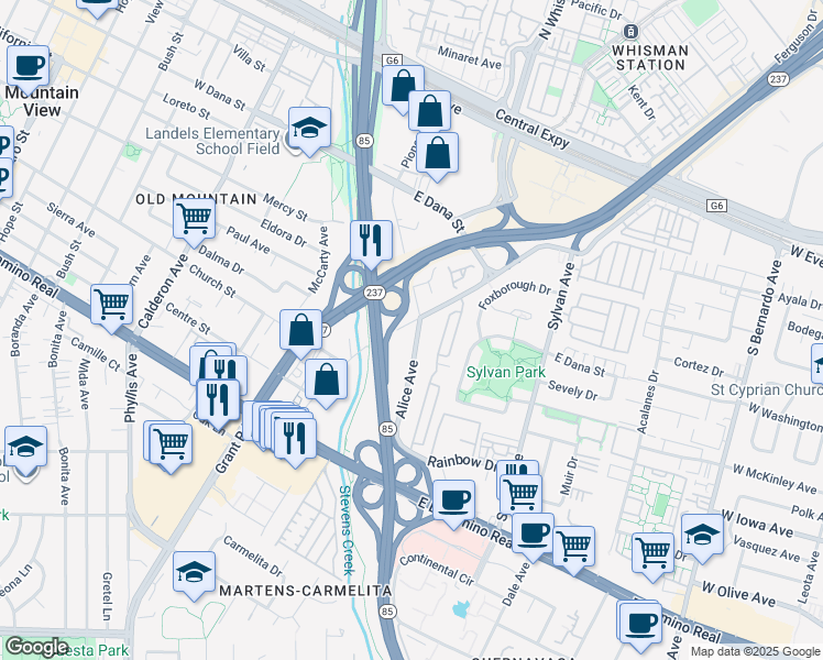 map of restaurants, bars, coffee shops, grocery stores, and more near 708 Alice Avenue in Mountain View