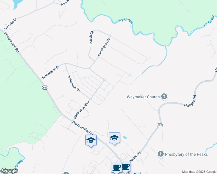 map of restaurants, bars, coffee shops, grocery stores, and more near 1715 Helmsdale Drive in Forest