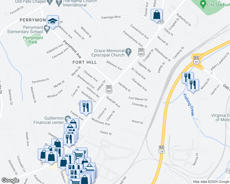 map of restaurants, bars, coffee shops, grocery stores, and more near 4623 Oxford Street in Lynchburg