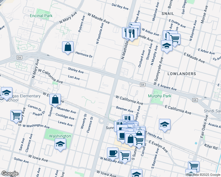 map of restaurants, bars, coffee shops, grocery stores, and more near 221 North Mathilda Avenue in Sunnyvale