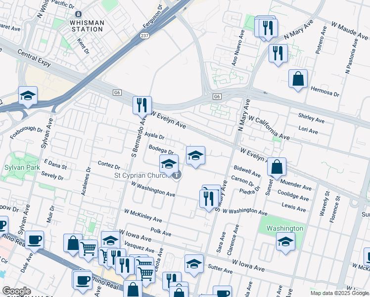 map of restaurants, bars, coffee shops, grocery stores, and more near 1118 Ayala Drive in Sunnyvale